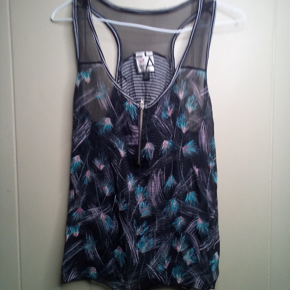 Living Doll Blouse M Sheer Sleeveless Zipper Black White Print
